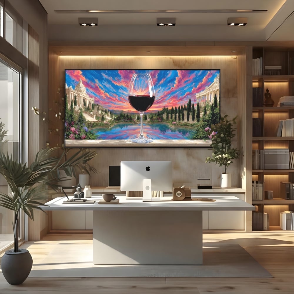 Tablou canvas cu tablou canvas cu pahar de vin si apus, in rama de aluminiu negru, pe perete intr-un birou